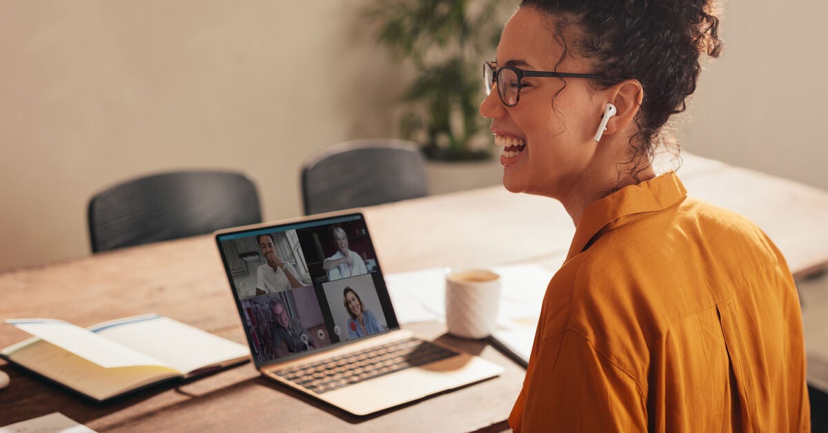 A woman in a virtual meeting talking about digital marketing trends
