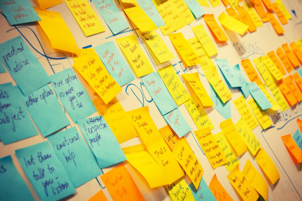 Post-it notes with ideas written on them on an office wall